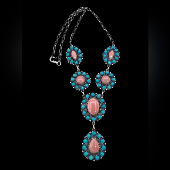 Navajo Sterling Silver Turquoise Pink Conch Shell Cluster Bib Necklace - Picture 1 of 6